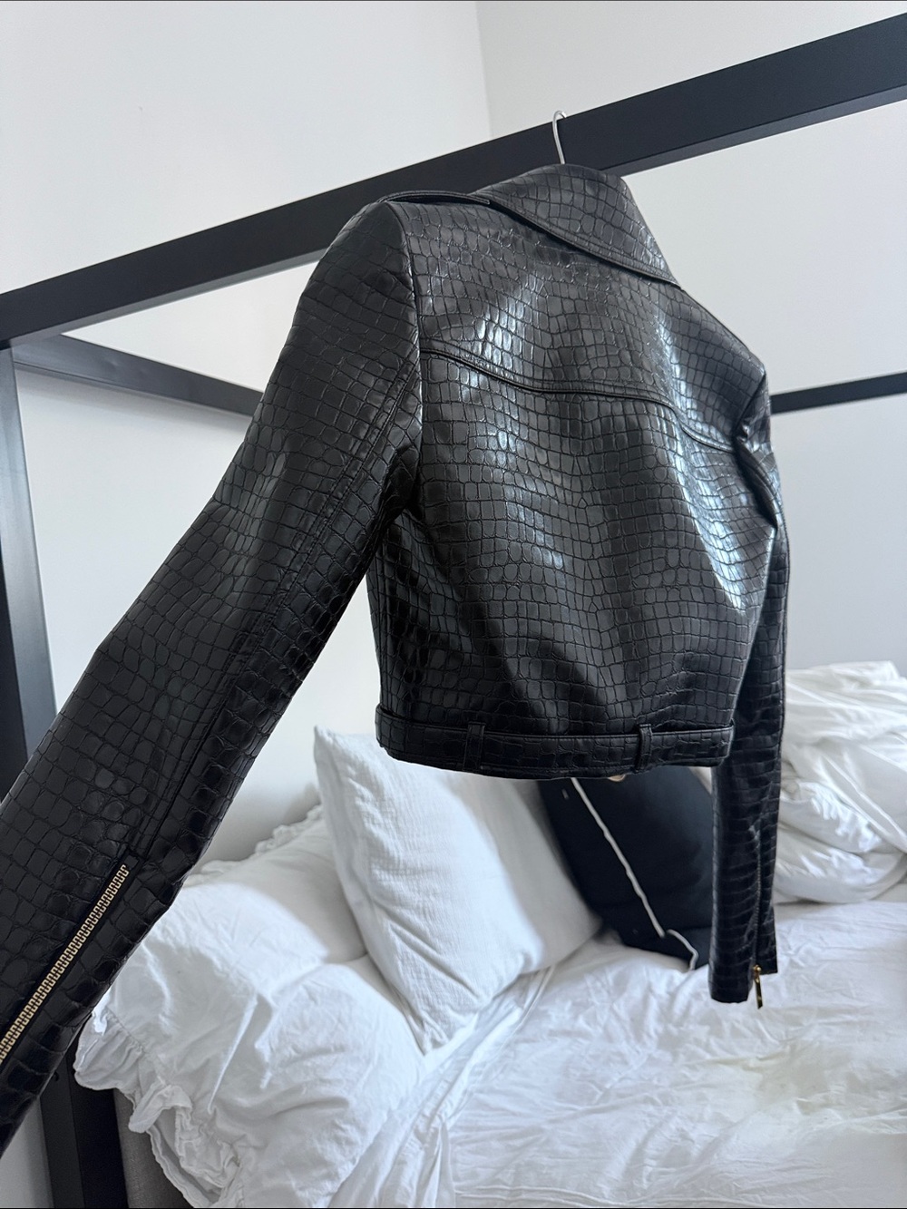 Alice + Olivia Black Croc-Embossed Leather Moto Jacket with Gold Hardware Accent - Picture 3 of 5